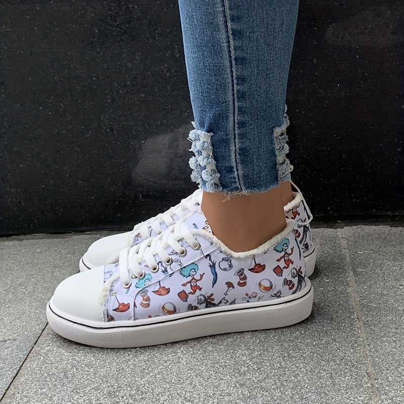 Women's Cartoon Canvas Lace Up Flat Shoes