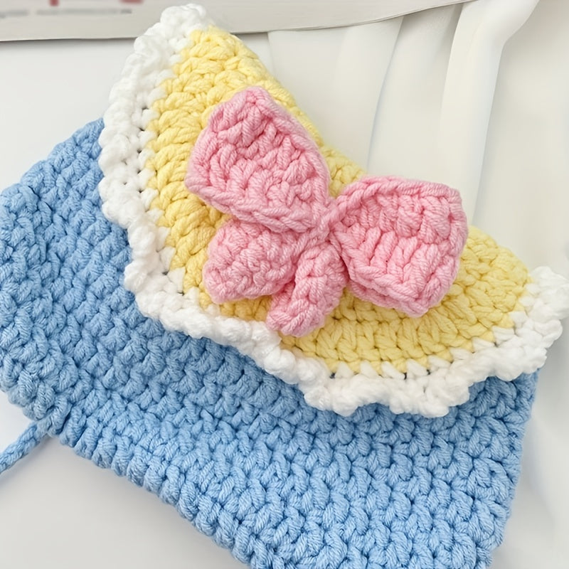 Cartoon Bow Decor Knit Shoulder Bag Coin Purse Mobile Phone Bag
