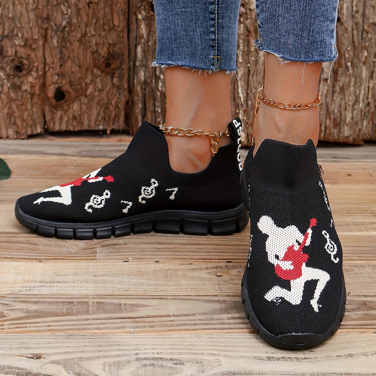 Women's Athletic Running Shoes Music Sign Printed Slip-on Sneakers