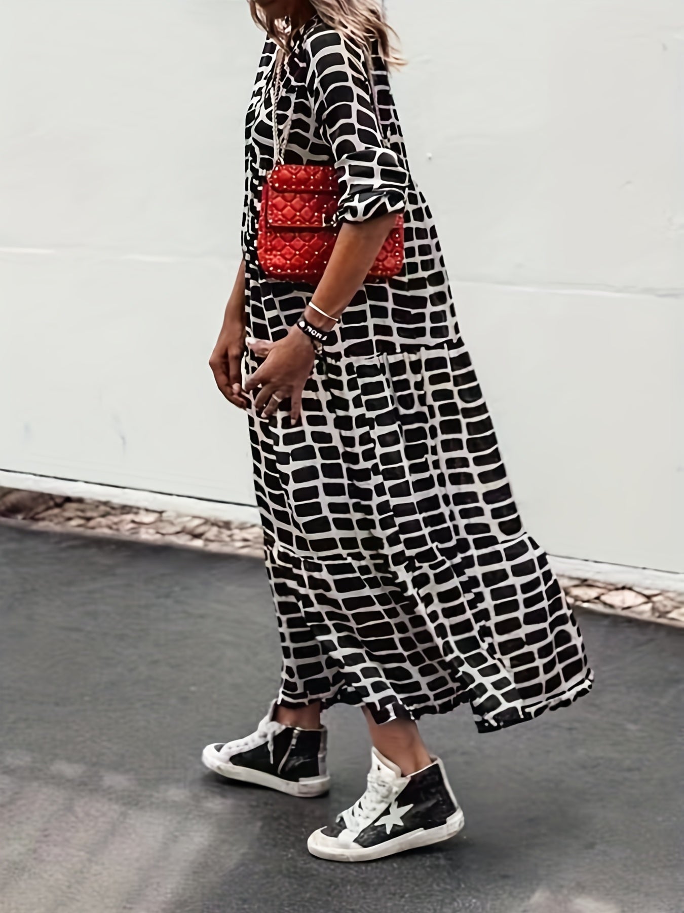  Colorblock Geometric Print Maxi Dress