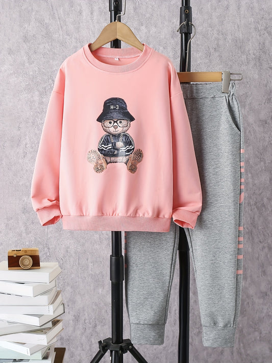 Girl's Cartoon Bear Sweatshirt & Sweatpants Set for Spring Fall