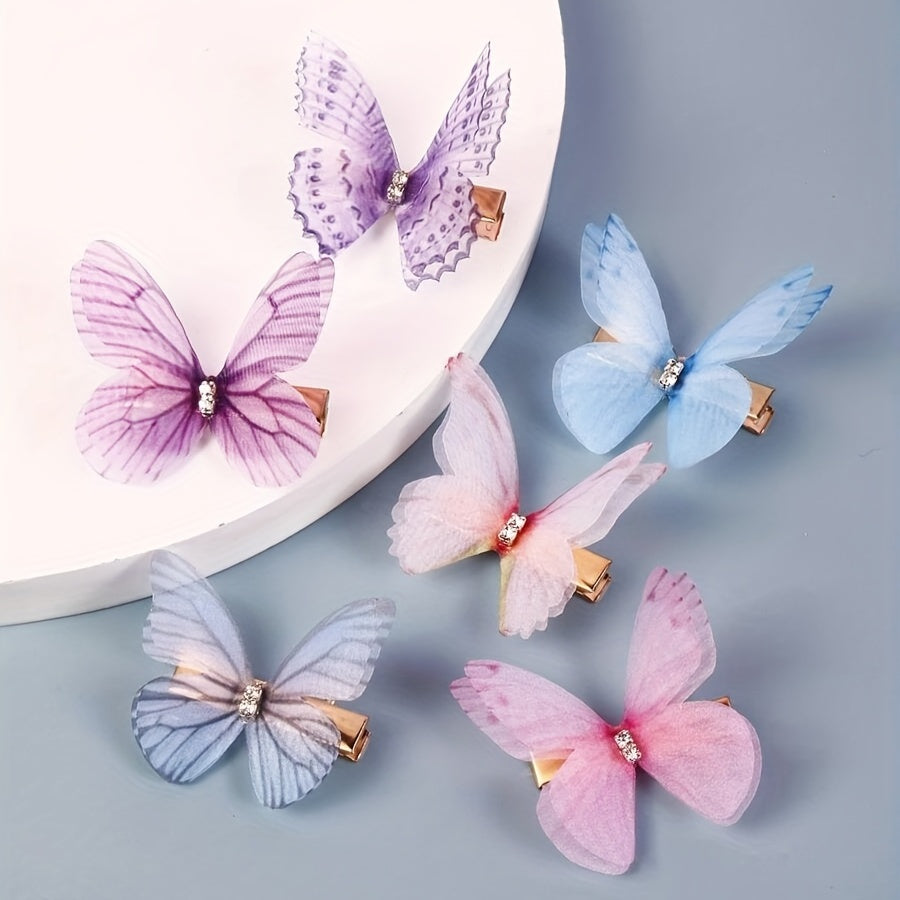 6pc Butterfly Decor Hair Clips, Double Layer Butterfly Hair Clips