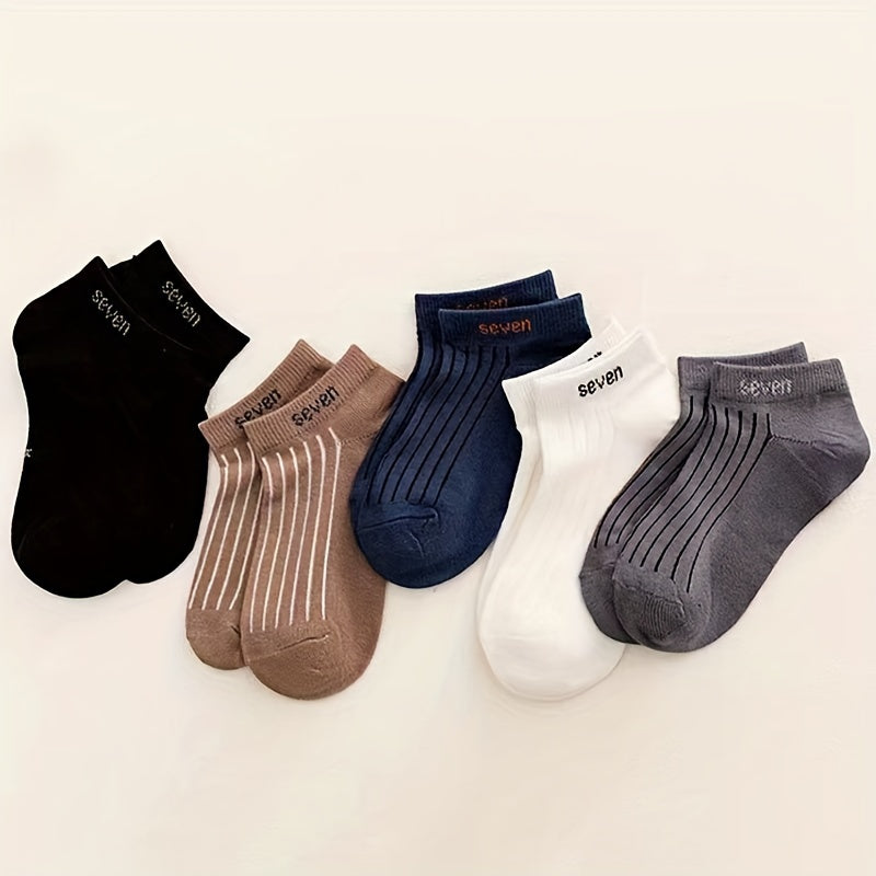 5 Pairs Kids 'Seven' Print Ankle Socks Boys Girls Thin Cotton Striped Boat Socks
