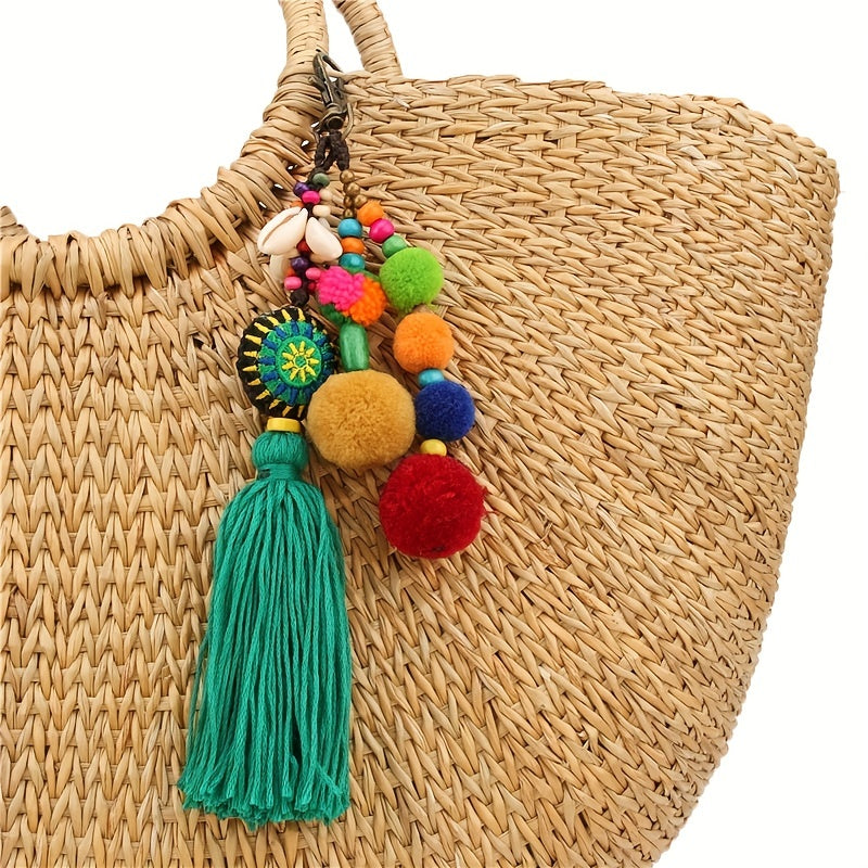 Boho Pom Pom Tassel Keychain Block Key Ring Purse Bag Backpack Car Pendant