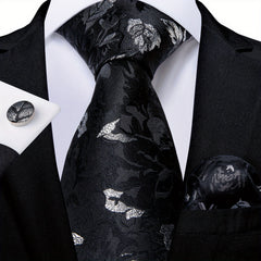 Retro Flowers Pattern Tie Set Classic Flower Necktie Hanky Cufflinks