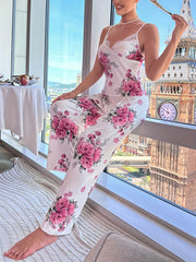 Floral Print Pajama Set Lace Trim V Neck Cami Top & Elastic Waistband Pants