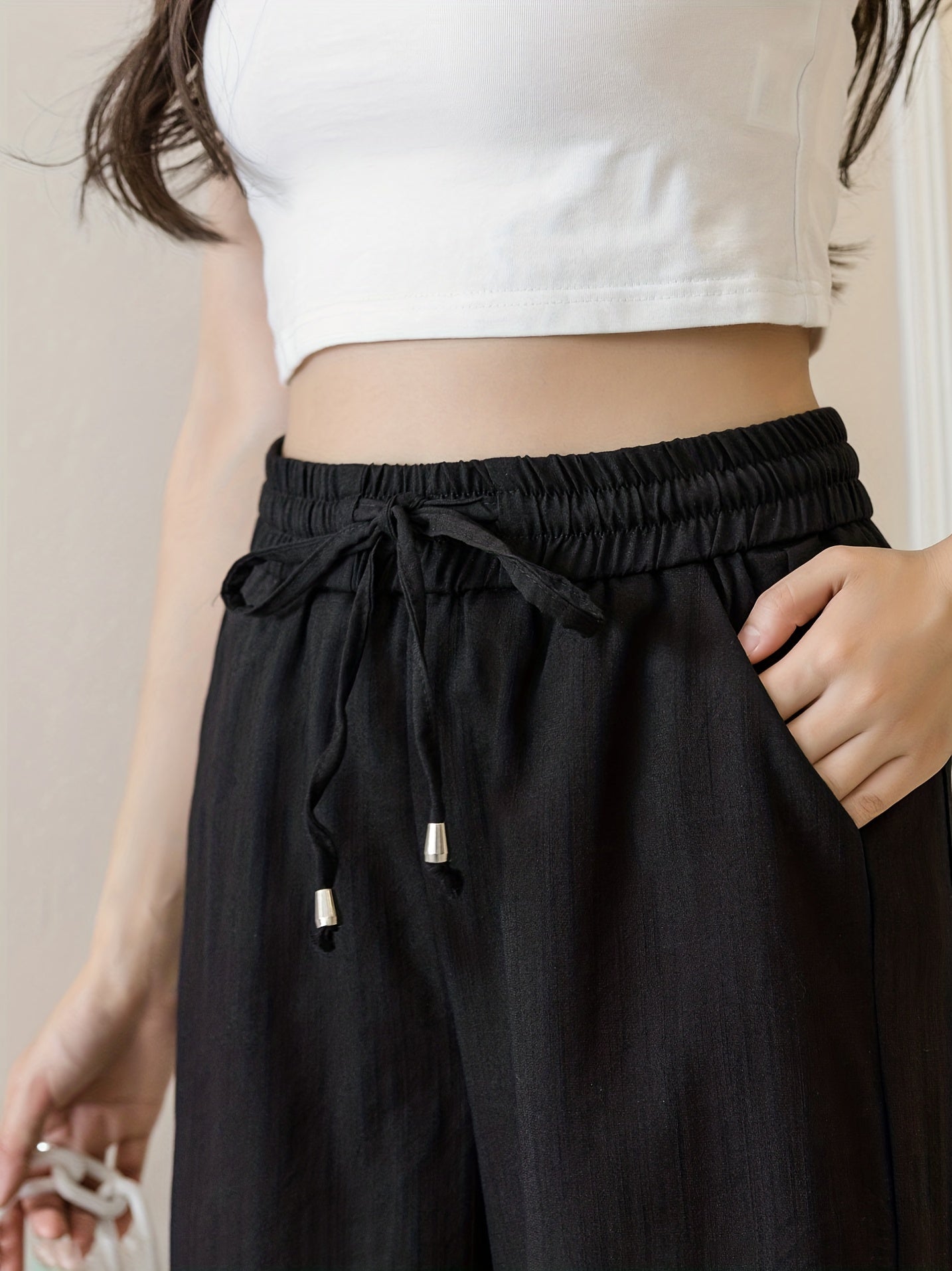 Solid Drawstring Wide Leg Pants Elastic Waist