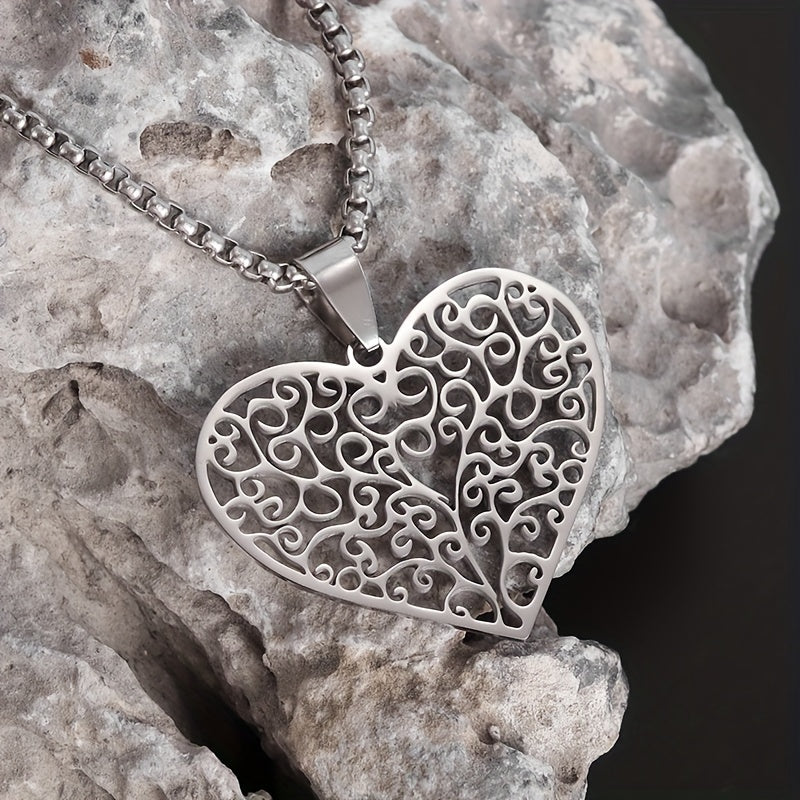 Stainless Steel Heart Pendant Necklace with Tree of Life Unisex Jewelry