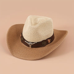 Big Cow Head Leather Belt Retro Outdoor Sunshade Western Cowboy Straw Hat