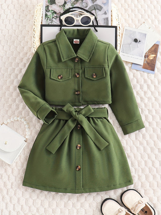 Girl's 2pcs Button Front Jacket & Belted Skirt Set for Spring Autumn
