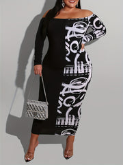  Colorblock Graffiti Print Off Shoulder Bodycon Midi Dress