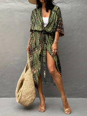 Boho Kimono Tie Dye Stripe Print Batwing Sleeve Cover Up