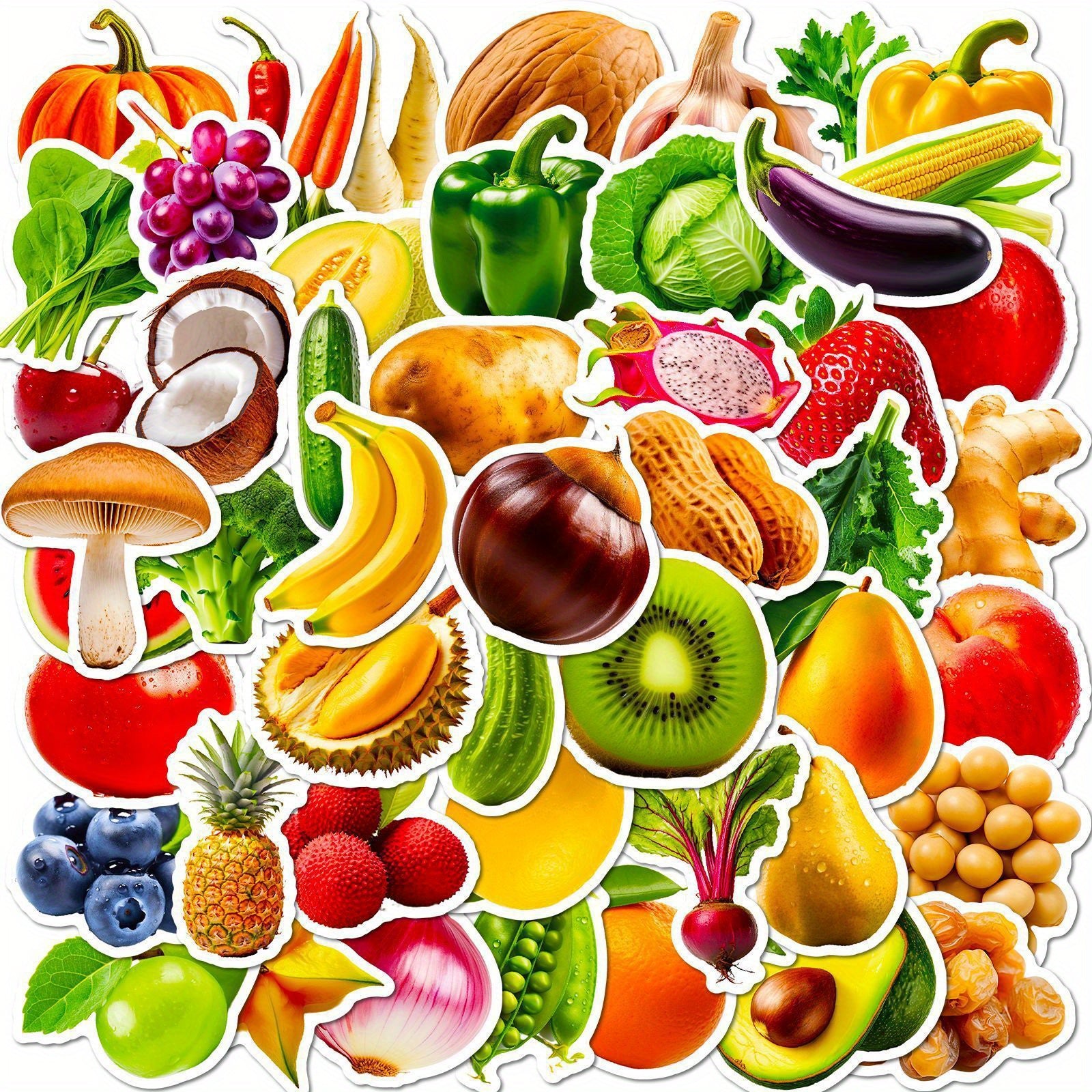 50pcs Fruit & Veggie Cartoon Stickers for Water Bottle Skateboard