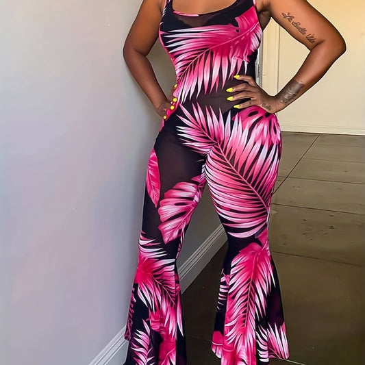 Floral Print Round Neck Flared Leg Jumpsuit