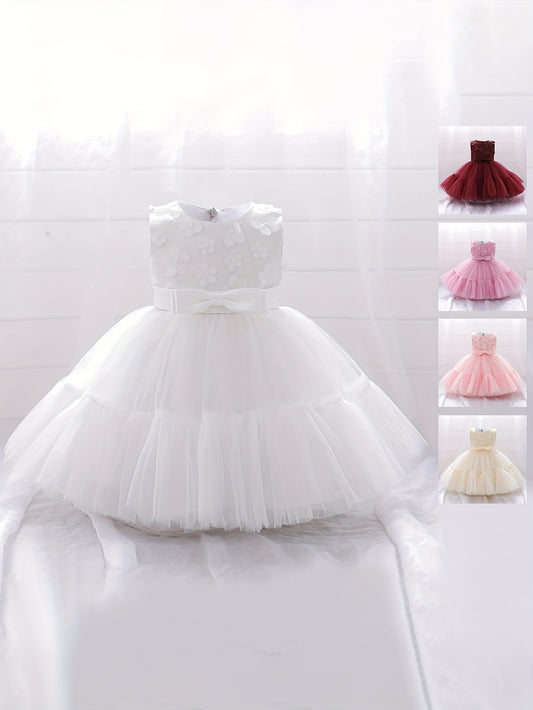 Baby Girls Floral Decor Bowknot Sleeveless Mesh Gown Princess Dress