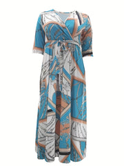 Geometric Print Half Sleeve Maxi Dress With Belt