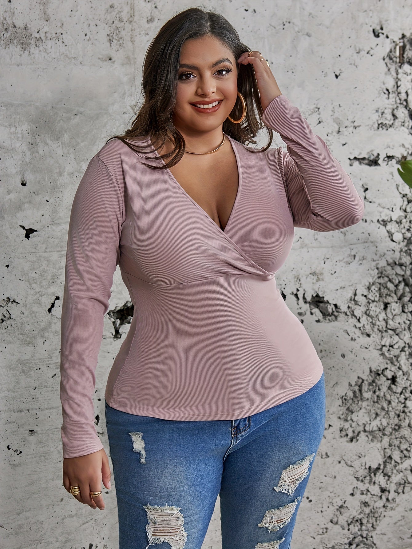  Solid Ribbed Long Sleeve Knit Top