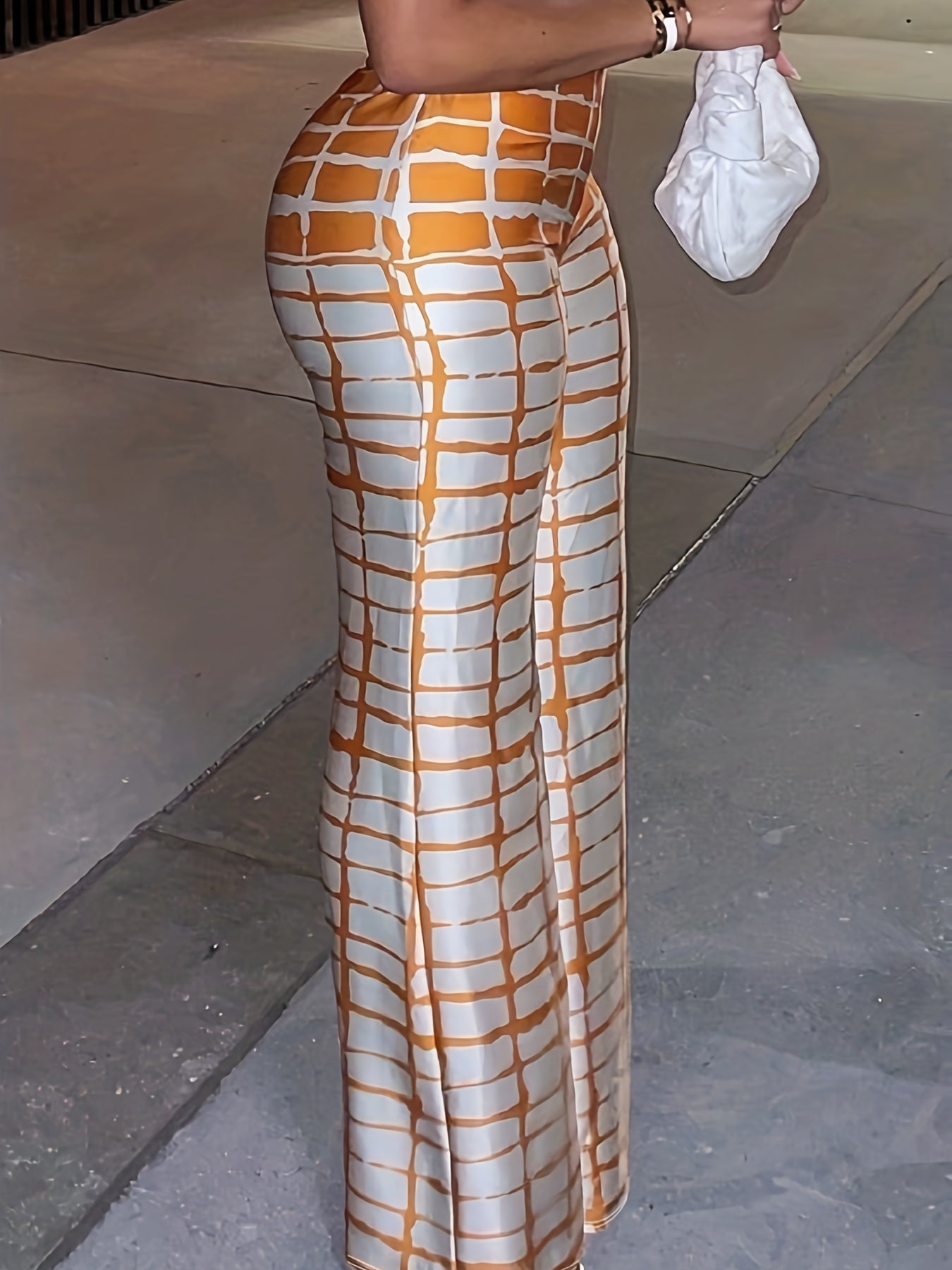  Grid Print High Rise Wide Leg Trousers