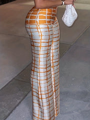  Grid Print High Rise Wide Leg Trousers