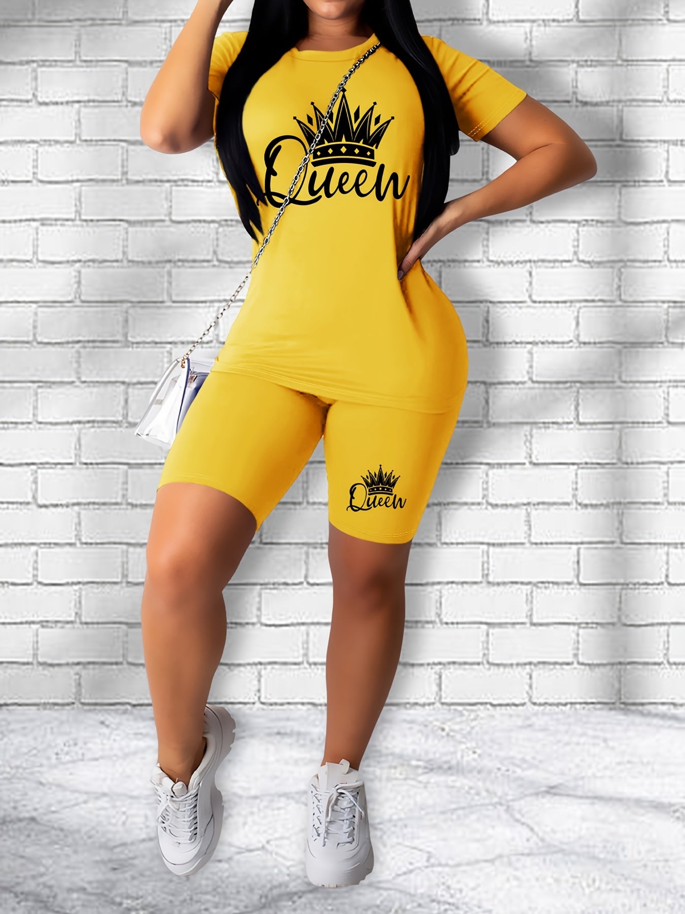 Letter Print Matching Set Short Sleeve T shirt & Biker Shorts