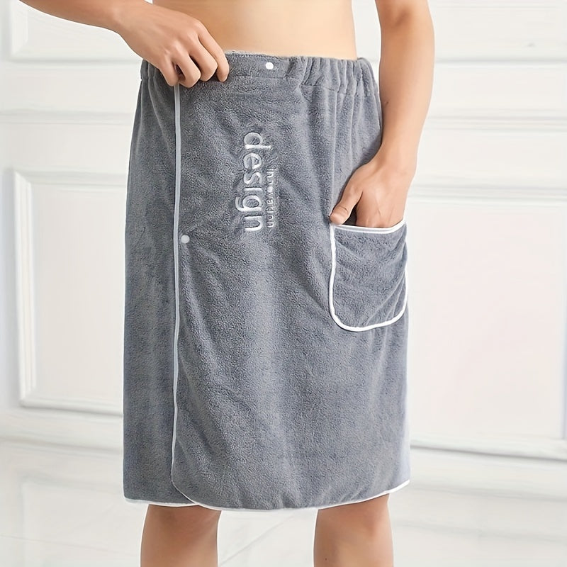 Men's Bath Towel Skirt with Pocket Soft Coral Fleece Absorbent Wrap Towel