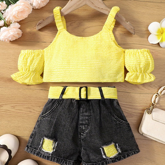 2pcs Girls Cold Shoulder Plaid Crop Tops & Denim Shorts Set