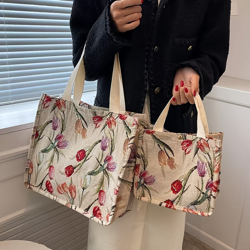 Flower Graphic Tote Bag Canvas Shoulder Bag Large Capacity Handbag
