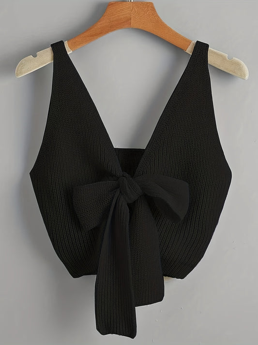 Knitted Bow Front V Neck Sleeveless Top