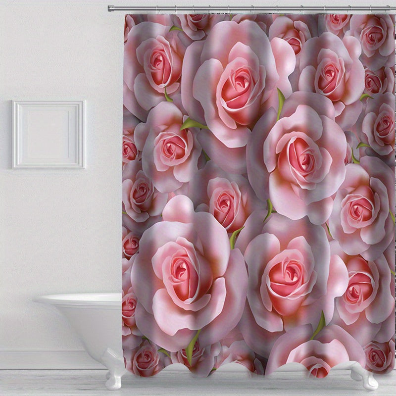 Flower Pattern Shower Curtain & Rug Set w/ 12 Hooks - Bathroom Decor