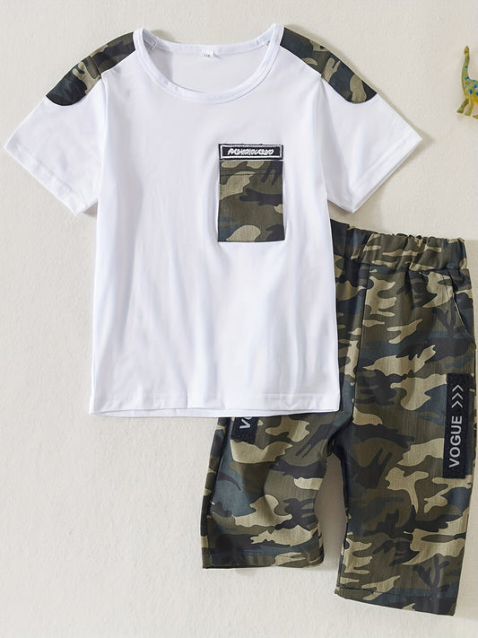 2pcs Boys Camo Pocket Tee & Shorts Sets Summer Outfits