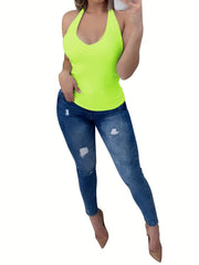 Solid Skinny V Neck Halter Top Casual Backless Halter Top