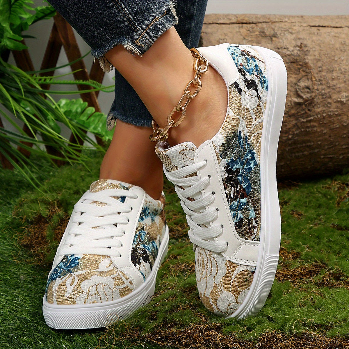Floral Graphic Lace-Up Sneakers for Women