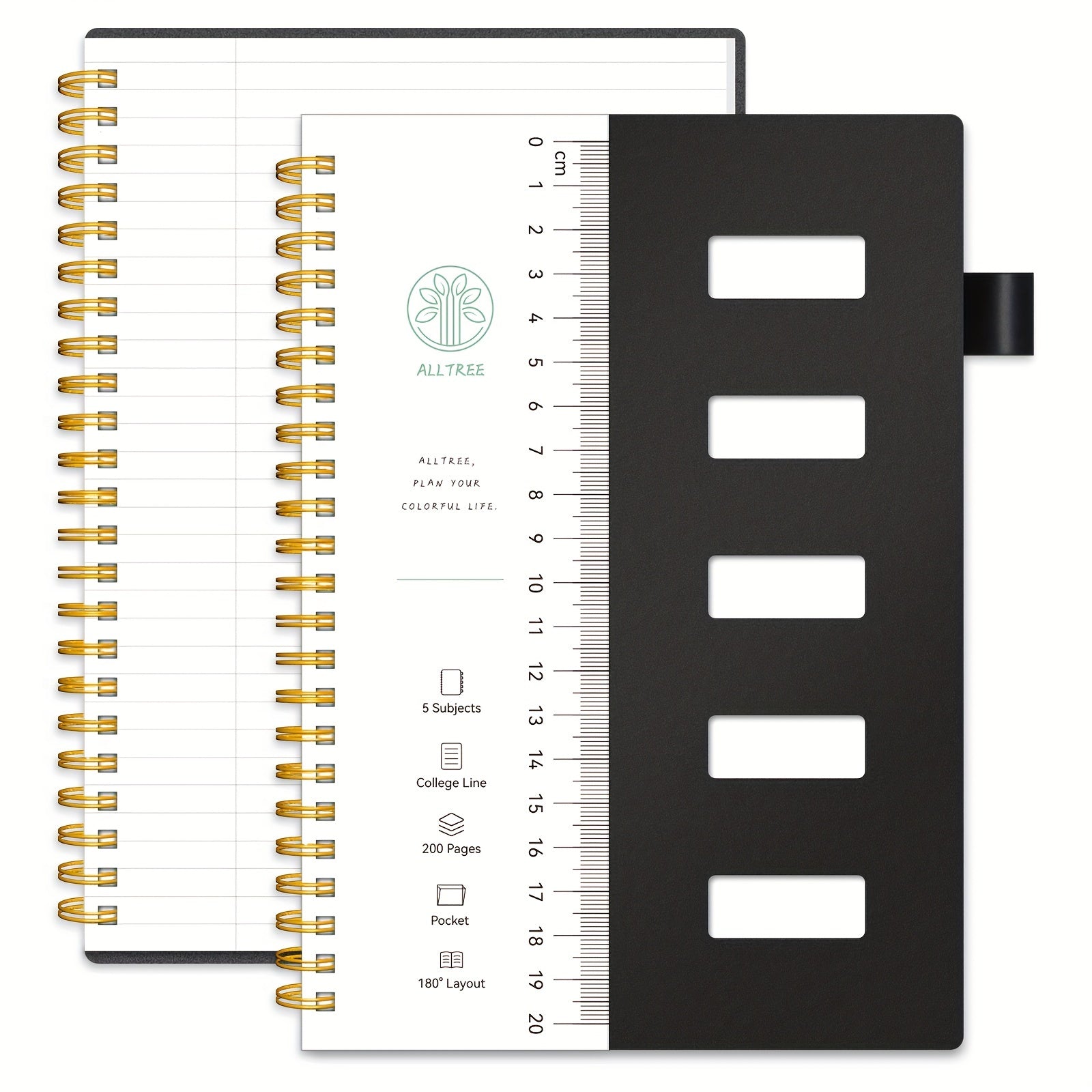 1pc 5-Subject College Ruled Spiral Notebook, 200 Pages, 4 Dividers, Tabs