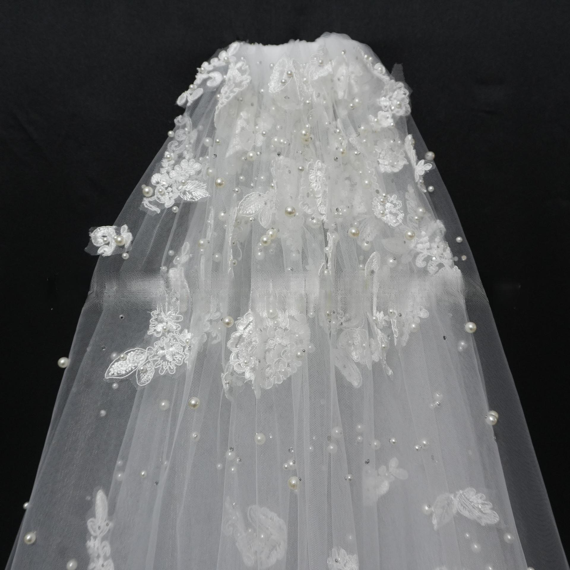 Forest Themed Short Lace Veil with Handcrafted Pearl Butterfly Trim