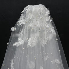 Forest Themed Short Lace Veil with Handcrafted Pearl Butterfly Trim