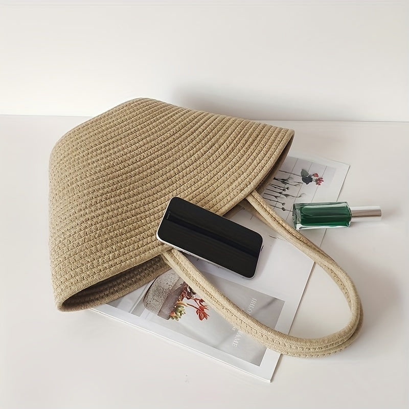 Minimalist Straw Satchel Bag Solid Handbag Travel Storage Bag