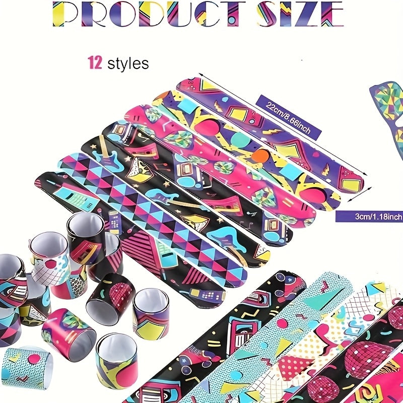 12pcs 80s 90s Slap Bracelets Retro Theme Party Decorations