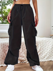  Solid Cargo Pants High Rise Drawstring Pockets