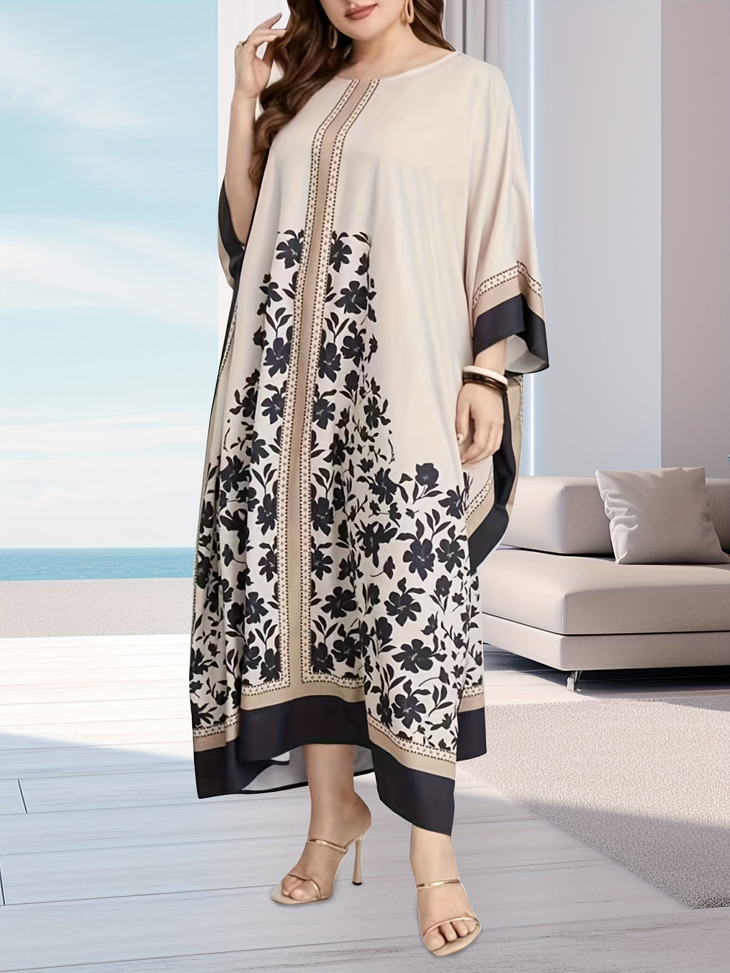 Floral Print Batwing Sleeve Cover Up Dress