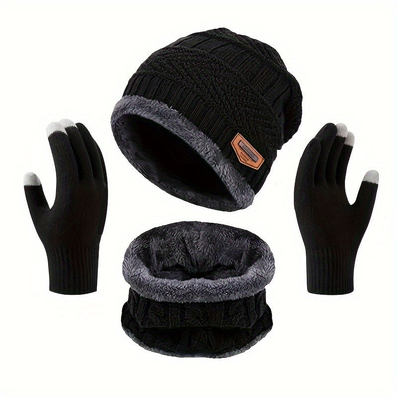 Cycling Knitted Gloves Hat Scarf Set Ear Warm Hat Velvet Neck Gaiter
