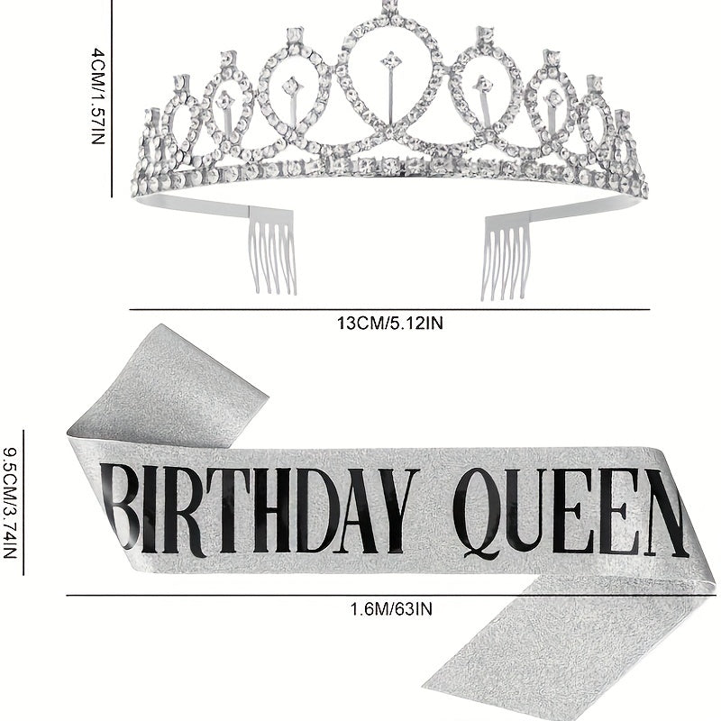 Crown & Pink Sash Crystal Tiara Set, Women Kids Birthday Decorations