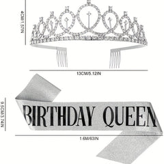 Crown & Pink Sash Crystal Tiara Set, Women Kids Birthday Decorations