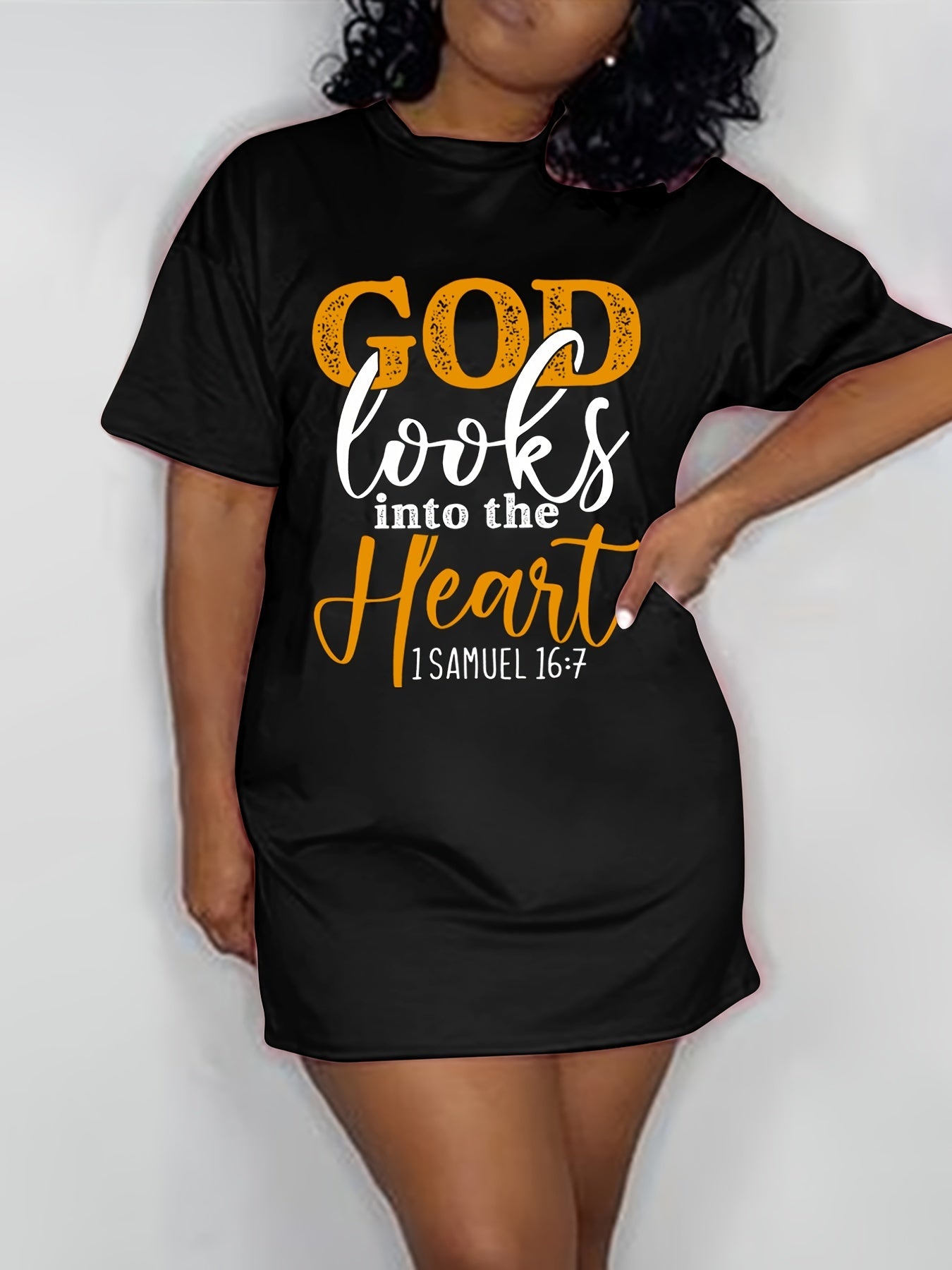  Art Letter Print Tee Dress Short Sleeve Round Neck Dress