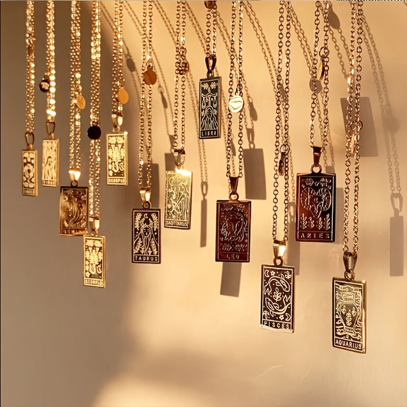 Stainless Steel Tarot Card Pendant Necklace 18K Plated Horoscope Jewelry