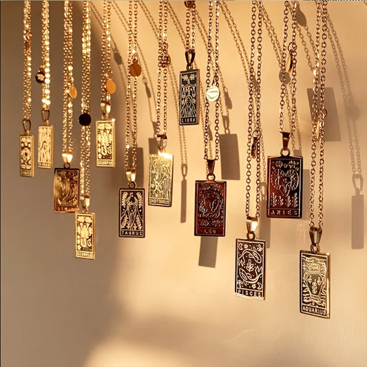 Stainless Steel Tarot Card Pendant Necklace 18K Plated Horoscope Jewelry