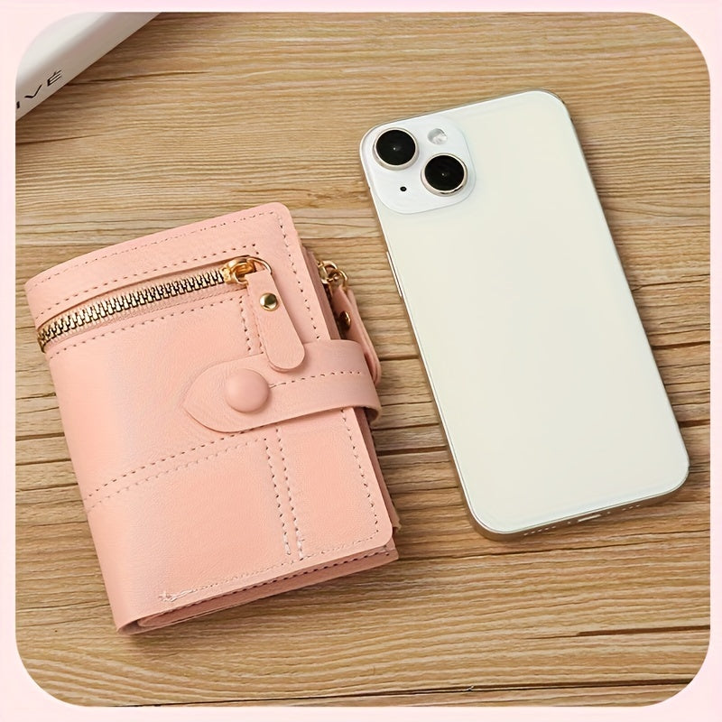 Pink Slim Wallet for Women with Zipper & Button Closure