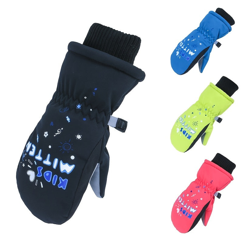 Kids Waterproof Letter Print Ski Gloves Winter Warm Outdoor Snow Riding