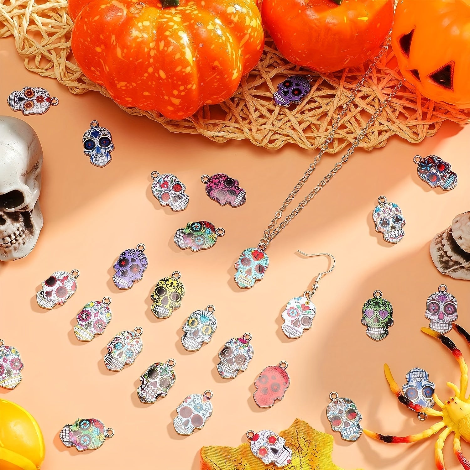 80pcs Halloween Skull Charms Dead Flower Enamel Skull Pendants Alloy Charms