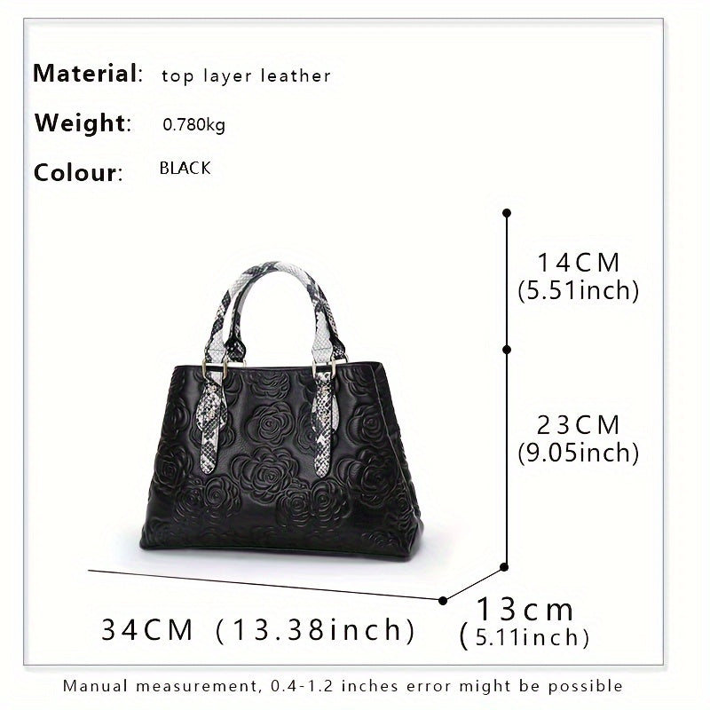 Floral Embossed Leather Tote Bag with Snake Print Handles