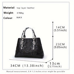 Floral Embossed Leather Tote Bag with Snake Print Handles